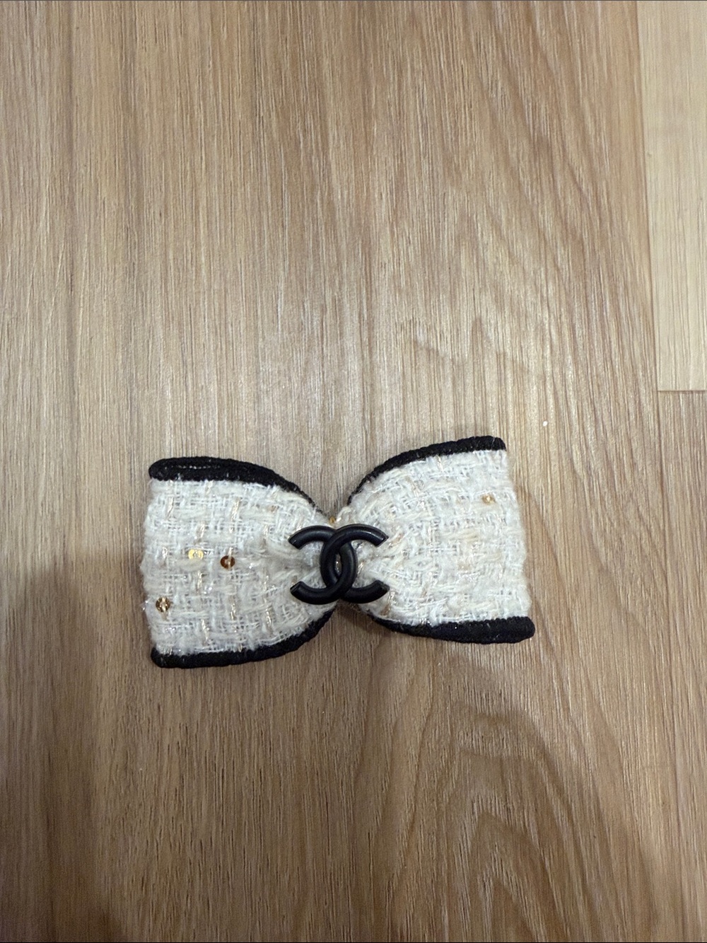 Cc Cream Tweed Bow Hair Clip with Black CC Emblem